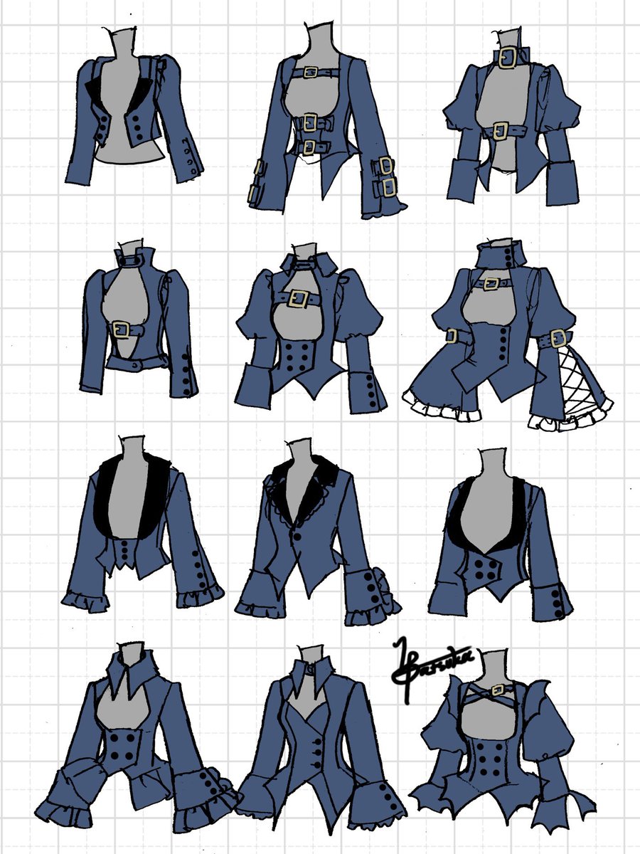 hatsuka5525's tweet photo. アウターのアイデア
デコルテの開きが美しい12着
ご自分でデザイン真似して描くのはOKなので良かったら参考に使ってね〜😊！
#衣装デザイン https://t.co/k5mBXlVcOZ