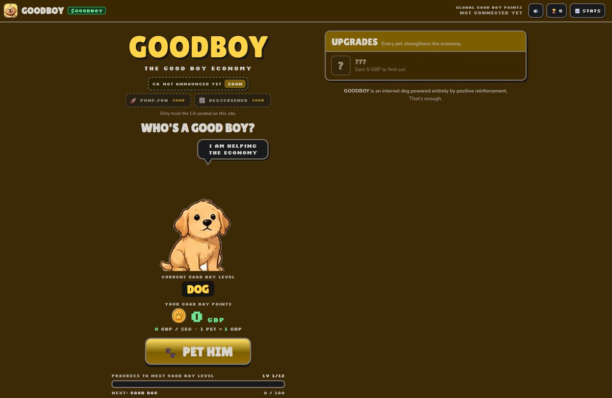 GoodBoyEconomy's tweet photo. $GoodBoy is live.

The Good Boy Economy has begun.

Pet the dog.
Earn Good Boy Points.
Upgrade the economy.
Make him increasingly more good.
DOG → GOOD BOY → CERTIFIED GOOD BOY → TOO GOOD TO FAIL → GOD BOY
the economy runs on praise. https://t.co/lbKN2DdslR