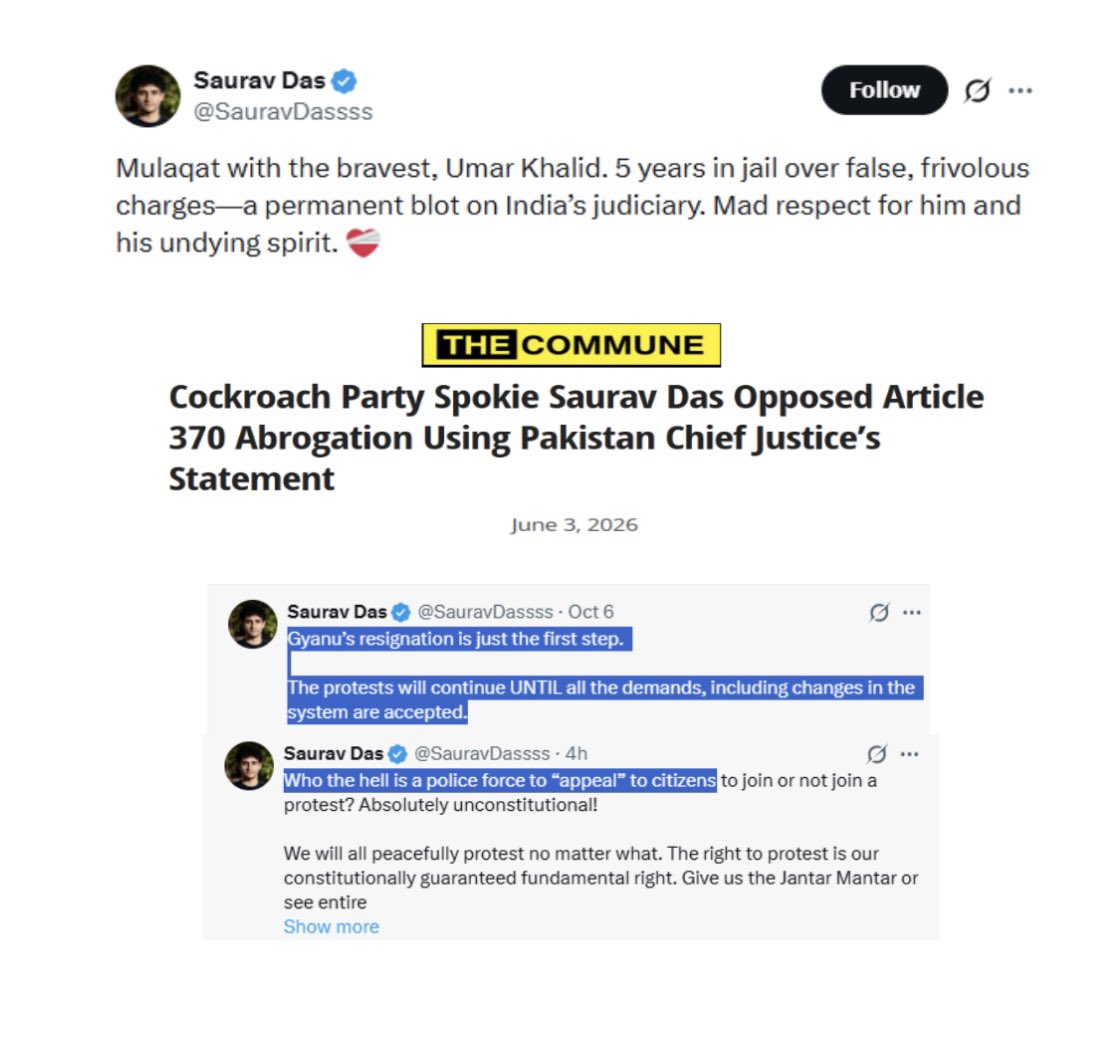 jhoothkigoonj's tweet photo. Saurav Das, you are calling CEC Gyanesh Kumar “BJP’s wafadar gaddar” while your own record stinks of anti-India alliances.
 
The country has already seen how you teamed up Umar Khalid, the “bravest” man according to you.
 
The same man who screamed “Kashmir is occupied by India,” The exact slogan PAKISTAN’s propaganda machine runs 24×7. Your “nationalism” is so pure that your nation might as well be Pakistan.
 
You openly called the abrogation of Article 370 “the most egregious form of constitutional violation” and “a grave assault on the Indian Constitution”; even quoted Pakistan’s Chief Justice to attack India’s Supreme Court.
 
Now you’re openly threatening: “Gyanu’s resignation is just the first step.” The protests will continue UNTIL all the demands are accepted.” 
 
You’re calling for the “biggest mobilisation of the young generation” from October 10, and dismissing the police with “Who the hell is a police force to ‘appeal’ to citizens?”
 
This exact combination, your open association with Umar Khalid + continuous threats of violence, is precisely why Gyanesh Kumar’s security has been upgraded. 
 
And remember, you’re such a spineless wafadar of your real PITAJI Khujliwal that you didn’t even show up in Punjab when students were charged by the police under AAP rule. 
 
You’ll magically appear the day BJP forms a government there
 
People of India are not fools, Saurav. They know exactly whose time is up, and it’s not Gyanu’s. 
 
Keep barking, the echo chamber is all you’ve got left.