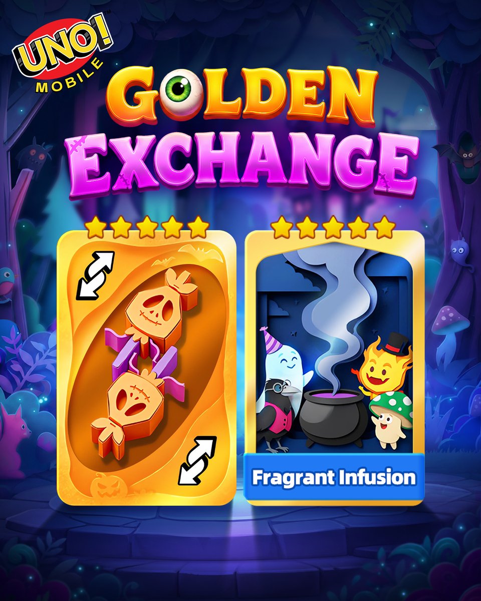 UNOMobileGame's tweet photo. 𝓖𝓞𝓛𝓓𝓔𝓝 𝓔𝓧𝓒𝓗𝓐𝓝𝓖𝓔 - 𝙎𝙋𝙊𝙊𝙆𝙔 𝙎𝙒𝙀𝙀𝙏𝙎

Which Gold Card do you need? 💭

🔀 Spooky Sweets🍬
♨️ Fragrant Infusion🕯️

Which do you have extras? 🎴
💬 Comment it below and find your trading partners, and receive an UNO Gift! 🎁

▶️ PLAY UNO: https://t.co/mQa5Cfvh4A

Looking for a huge value on Gold Coins? 💰
Apple (iOS) users can receive a special deal of 20,000 Coins for just $8.99 through this exclusive offer link: https://t.co/aclrznbgAd

#UNO #GoldenExchange #S40GE3 #UNOMobile