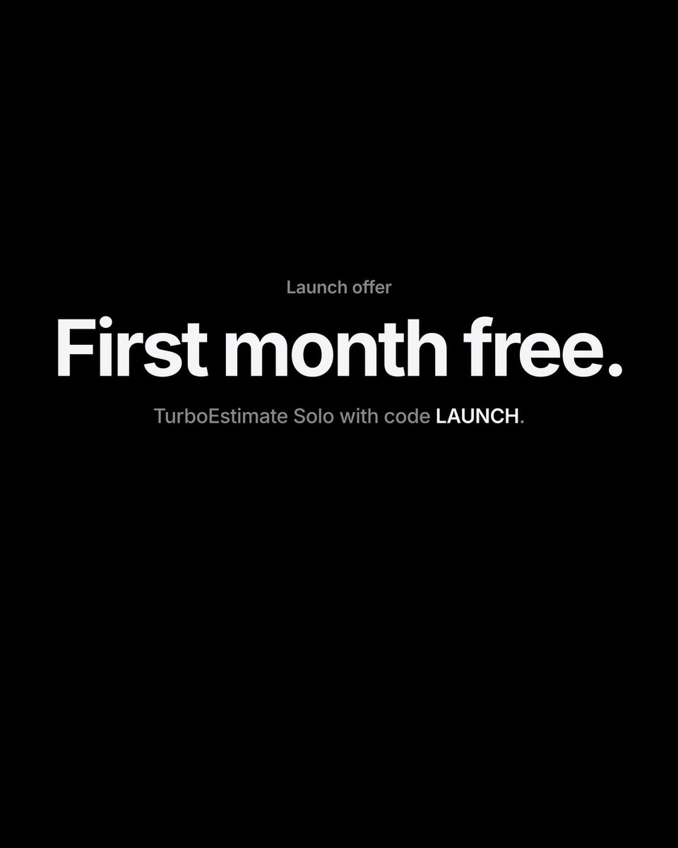 TrueSmartTech's tweet photo. Launch offer: first month of TurboEstimate Solo free with code LAUNCH, until 31 Oct 2026.

15 quotes a month, branded PDFs, share links. Then €19.99/mo, cancel anytime. https://t.co/P6ijM3vF9X