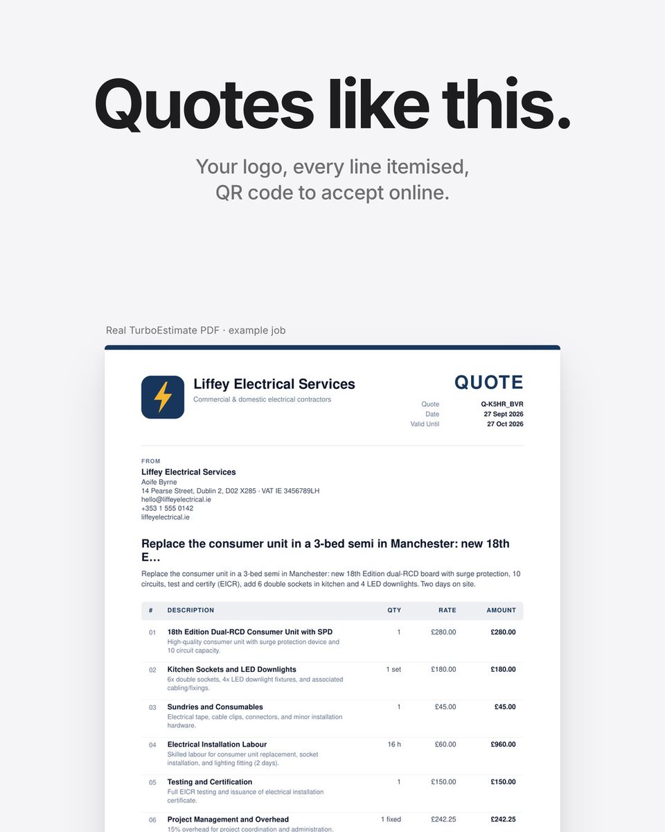 TrueSmartTech's tweet photo. Launch offer: first month of TurboEstimate Solo free with code LAUNCH, until 31 Oct 2026.

15 quotes a month, branded PDFs, share links. Then €19.99/mo, cancel anytime. https://t.co/P6ijM3vF9X