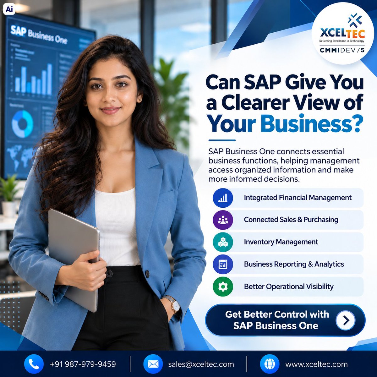 XcelTec's tweet photo. Can SAP Give You a Clearer View of Your Business?

SAP Business One helps with:
• Financial Management
• Sales &amp; Purchasing
• Inventory Management
• Business Reporting
• Better Visibility
Get Better Control with XcelTec.
#XcelTec #SAPBusinessOne #ERP https://t.co/GfmG5eQNyu