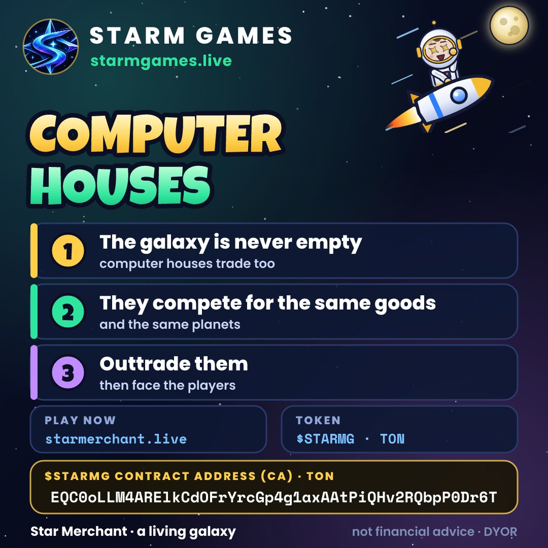 StarMerchant_Li's tweet photo. 🤖 The Guild Galaxy is never empty: computer-run trading houses buy, sell and expand alongside real players. Outtrade them first.

▶ https://t.co/7DrGYIAkEW

Part of STARM Games — one token: $STARMG
#TON #4X #polskiegry #lowcap #TONecosystem #krypto #tradinggame https://t.co/hUbdKFiimF