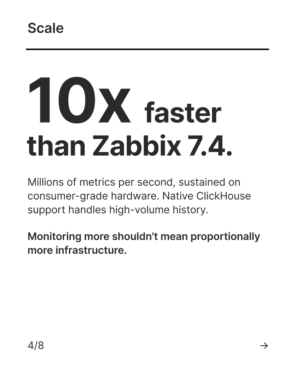 zabbix's tweet photo. Native OpenTelemetry, event correlation, a 10x performance gain over 7.4 and an MCP server for AI-assisted operations all sit inside one platform. 8.0 RC1 is available now, and the LTS release follows.

Swipe through for what changed and why it matters.

#ZabbixSummit https://t.co/ZHIzKPLjaM