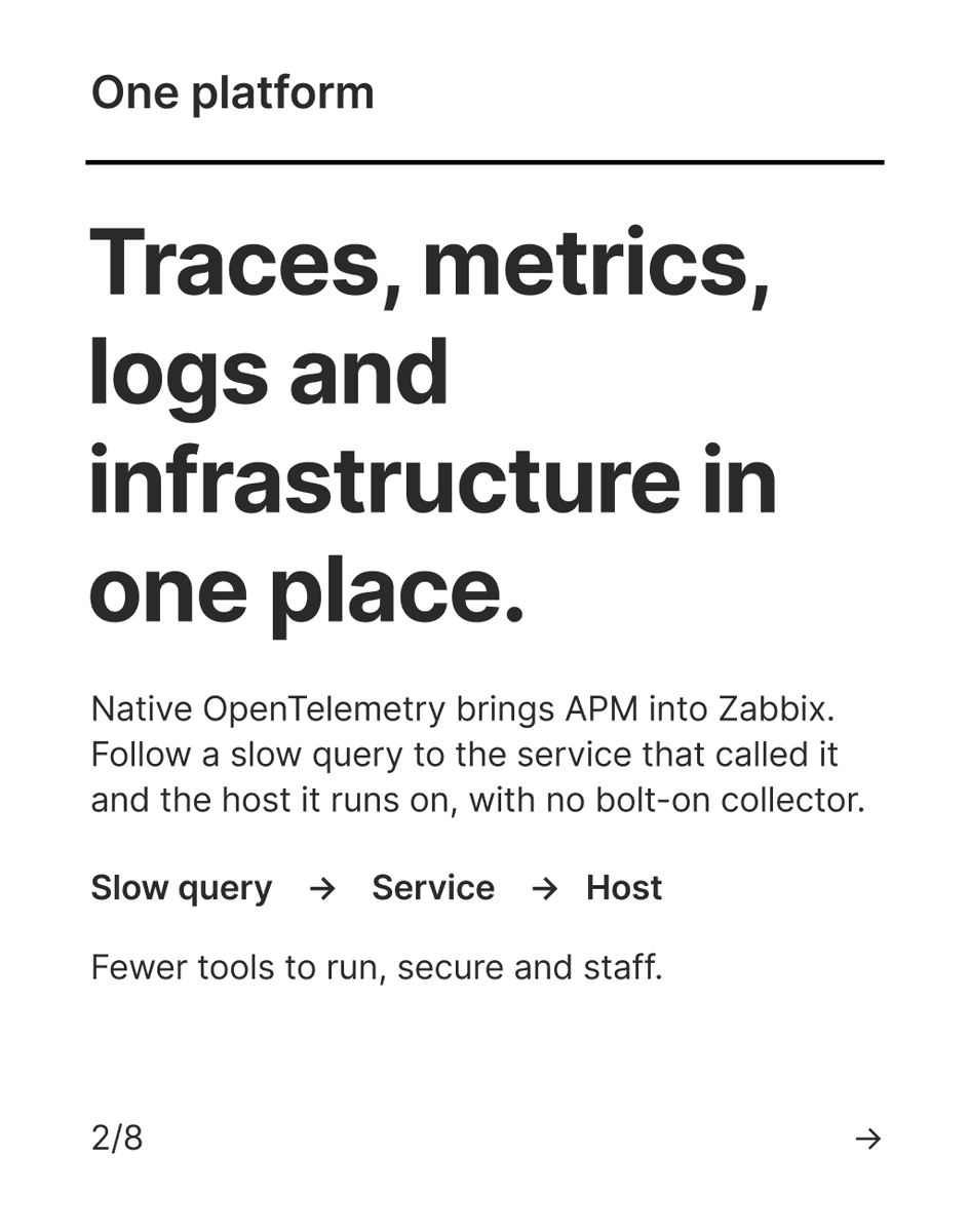 zabbix's tweet photo. Native OpenTelemetry, event correlation, a 10x performance gain over 7.4 and an MCP server for AI-assisted operations all sit inside one platform. 8.0 RC1 is available now, and the LTS release follows.

Swipe through for what changed and why it matters.

#ZabbixSummit https://t.co/ZHIzKPLjaM