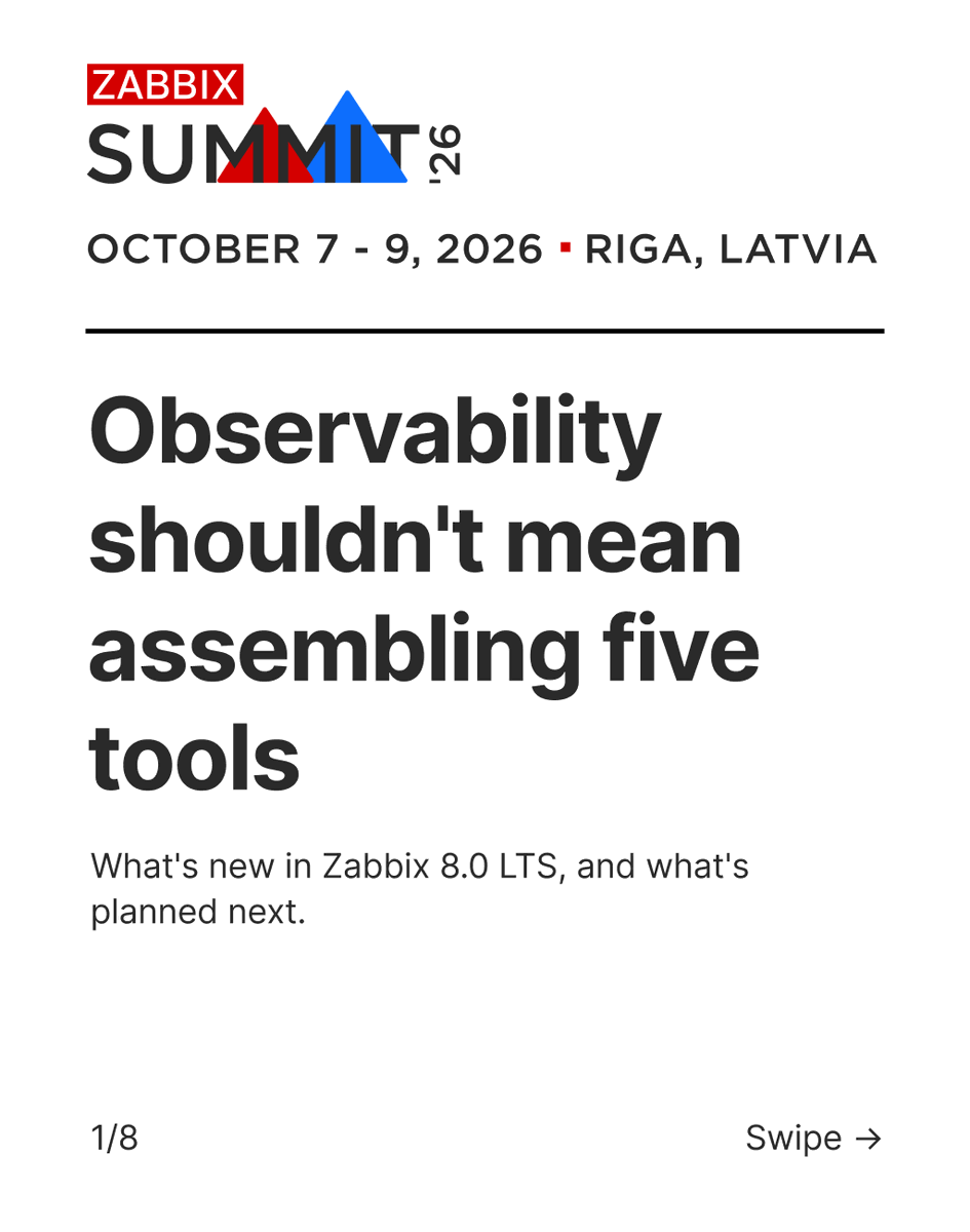 zabbix's tweet photo. Native OpenTelemetry, event correlation, a 10x performance gain over 7.4 and an MCP server for AI-assisted operations all sit inside one platform. 8.0 RC1 is available now, and the LTS release follows.

Swipe through for what changed and why it matters.

#ZabbixSummit https://t.co/ZHIzKPLjaM