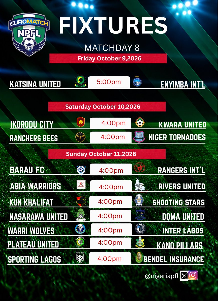 NigeriaPFL's tweet photo. This weekend...
📺 Live on NPFL & @MBIgroup247 channels 👇🏾
#KATENY
#IKDKWA
#RNBTOR
#BARRAN
Not on TV
#ABIRIV
#KUNSHO
#NASDOM
#WOLINT
#PLAPIL
#SPLBEN
#EUROMATCHNPFL #NPFL27 https://t.co/oiiNxhtHh6
