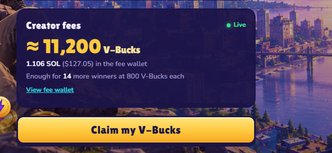 FortniteLootSol's tweet photo. $FORTNITE prize wallet right now 💰

1.1 SOL = 11,200 V-Bucks
Enough for 14 more winners at 800 V-Bucks each

One holder wins every 30 minutes. Just hold, no entry needed.
2 winners paid so far.
#FORTNITE 
https://t.co/AnG1X0zOo5

CA: 8wrTM8TrirHxsinDBpe7vWL3DPDdpmKfMp4n2Pdopump https://t.co/NqqnxJ0Tri