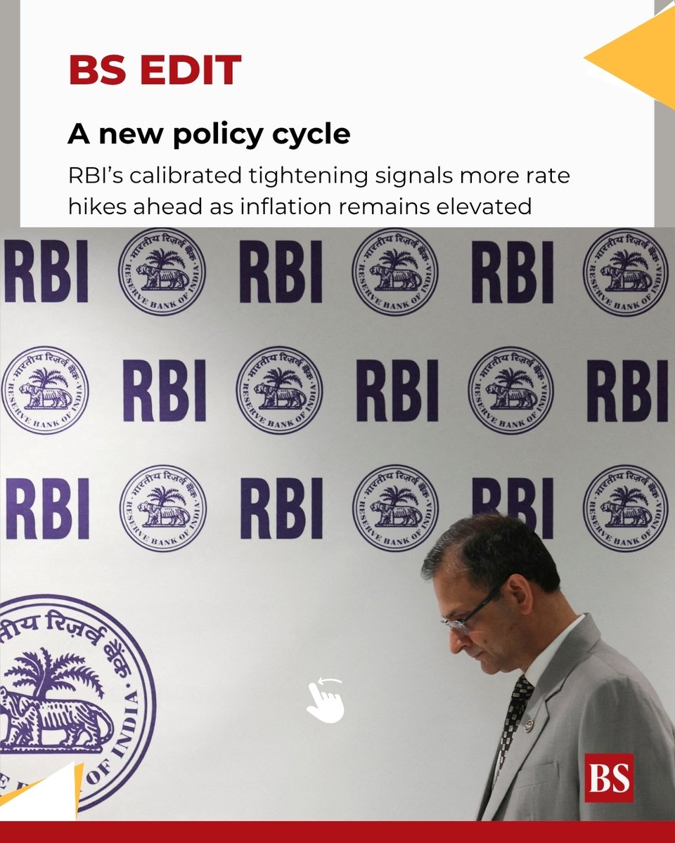 bsindia's tweet photo. #BSEditorial | A new policy cycle

More #reporate increases are imminent. The #RBI raised the repo rate by 25 bps to 5.5% and changed its policy stance from ���neutral” to “calibrated tightening”. Rate cuts are off the table in the near term.

https://t.co/vbn7GblxMC https://t.co/u1TAuMxElW