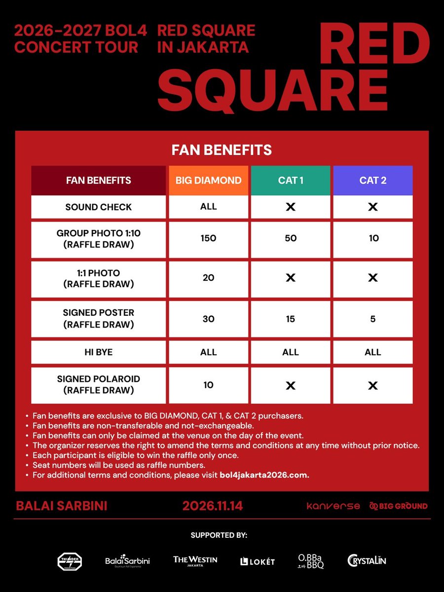 dvacyubitc's tweet photo. 2026-2027 BOL4 CONCERT TOUR [Red Square] in Jakarta

Saturday, November 14, 2026 at 7:00 PM

GENERAL ON SALE 11 October 2026 at 1:00 PM Jakarta Time GMT+7

TICKETING SITE https://t.co/f5H9htFrx6

#볼빨간사춘기 #BOL4
#RedSquare #BOL4_RedSquare
#BOL4_CONCERT_TOUR https://t.co/fl1M972kRG
