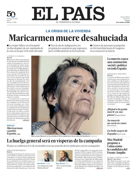 fdezordonez's tweet photo. Hoy declara la juez Biedma en la Audiencia Nacional porque el partido que está en el Gobierno, el @PSOE, contrató a unos narcos para "eliminarla".

Esta es la portada de hoy en @el_pais 

Sois una puñetera vergüenza. https://t.co/QkYBWcbwdM