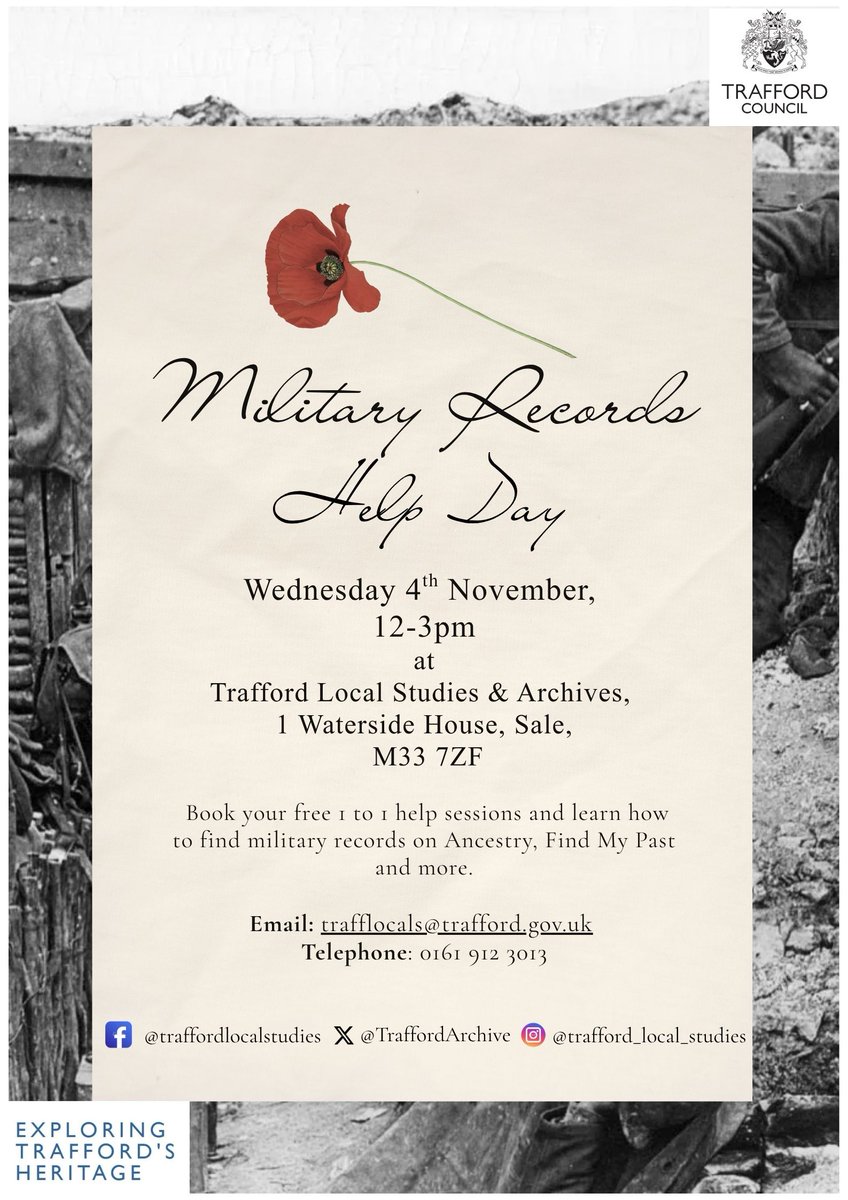 TraffordArchive's tweet photo. Interested in learning more about a family member's wartime service? Book your appointment now for our Military Records Help Day on 4th November! #traffordlocalstudies #traffordlibraries #militaryrecordshelpday #remembranceday2026 https://t.co/oCT1eN0K6R