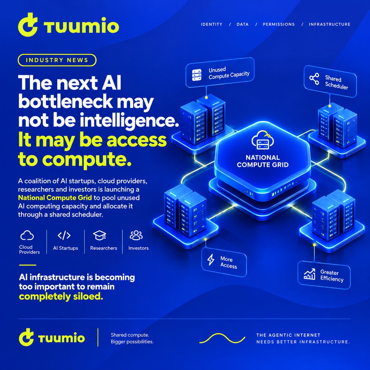 tuum_io's tweet photo. The next AI bottleneck may not be intelligence. It may be access to compute.
A new National Compute Grid is being built to pool unused AI capacity and make it accessible through shared infrastructure.
AI is scaling. Compute needs to scale with it.
#AI #Infrastructure #tuumio https://t.co/aPaMr99IbW