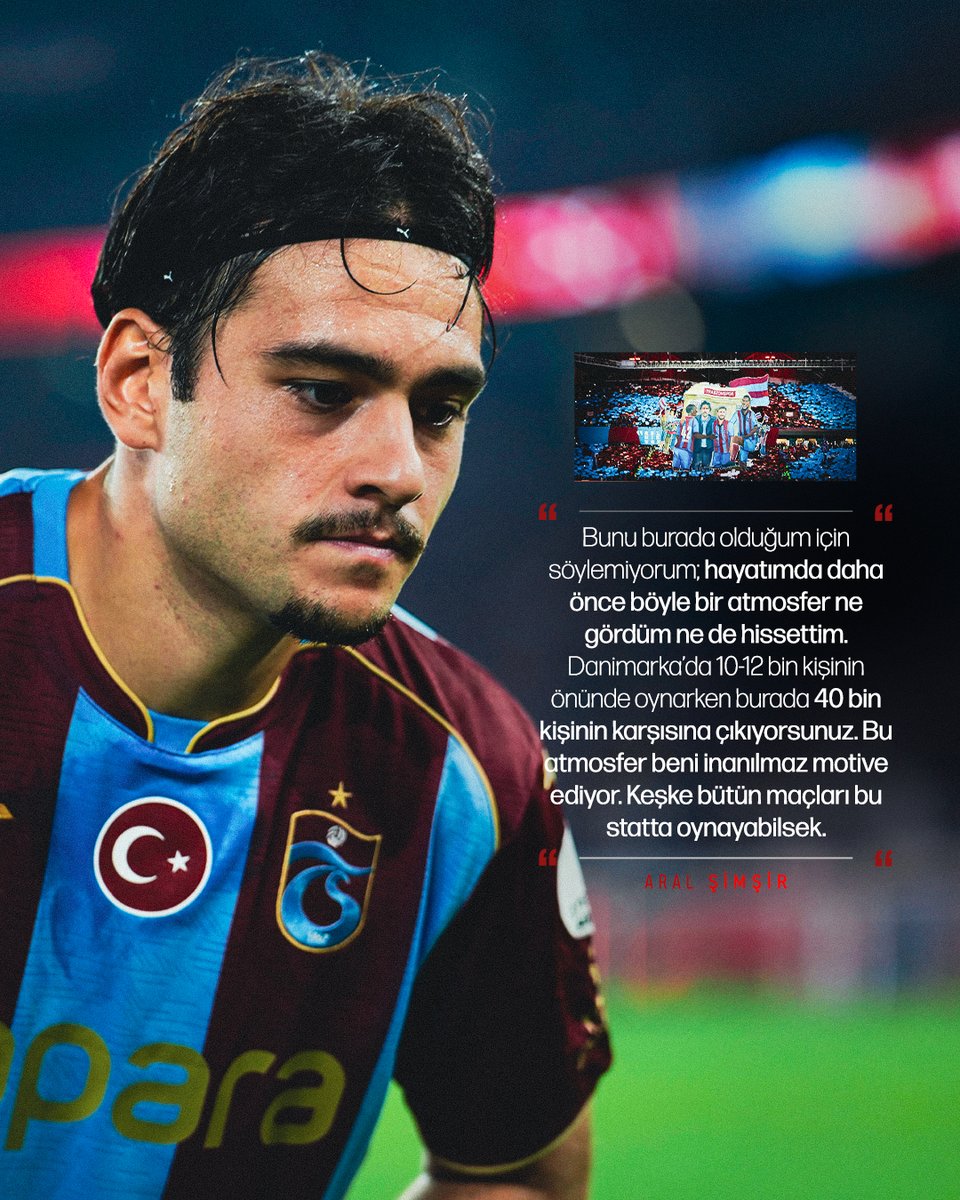 haber_61's tweet photo. 🗣️ Trabzonspor'da Aral Şimşir: "Bunu burada olduğum için söylemiyorum; hayatımda daha önce böyle bir atmosfer ne gördüm ne de hissettim. Danimarka’da 10-12 bin kişinin önünde oynarken burada 40 bin kişinin karşısına çıkıyorsunuz. Bu atmosfer beni inanılmaz motive ediyor. Keşke bütün maçları bu statta oynayabilsek."
