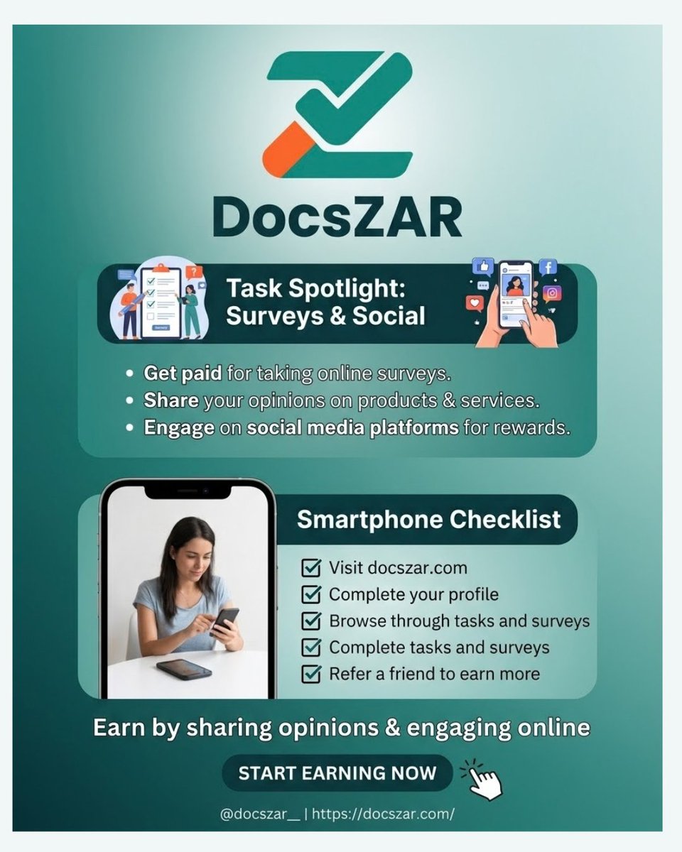 DocsZAR_'s tweet photo. Your opinion has value. Get paid for it. 💰
​DocsZAR lets you earn rewards for:
✅ Surveys
✅ Product Feedback
✅ Social Engagement
​Start earning today at https://t.co/22rFeC9mma 🚀
​#DocsZAR #EarnOnline https://t.co/ZDhXISqA9T