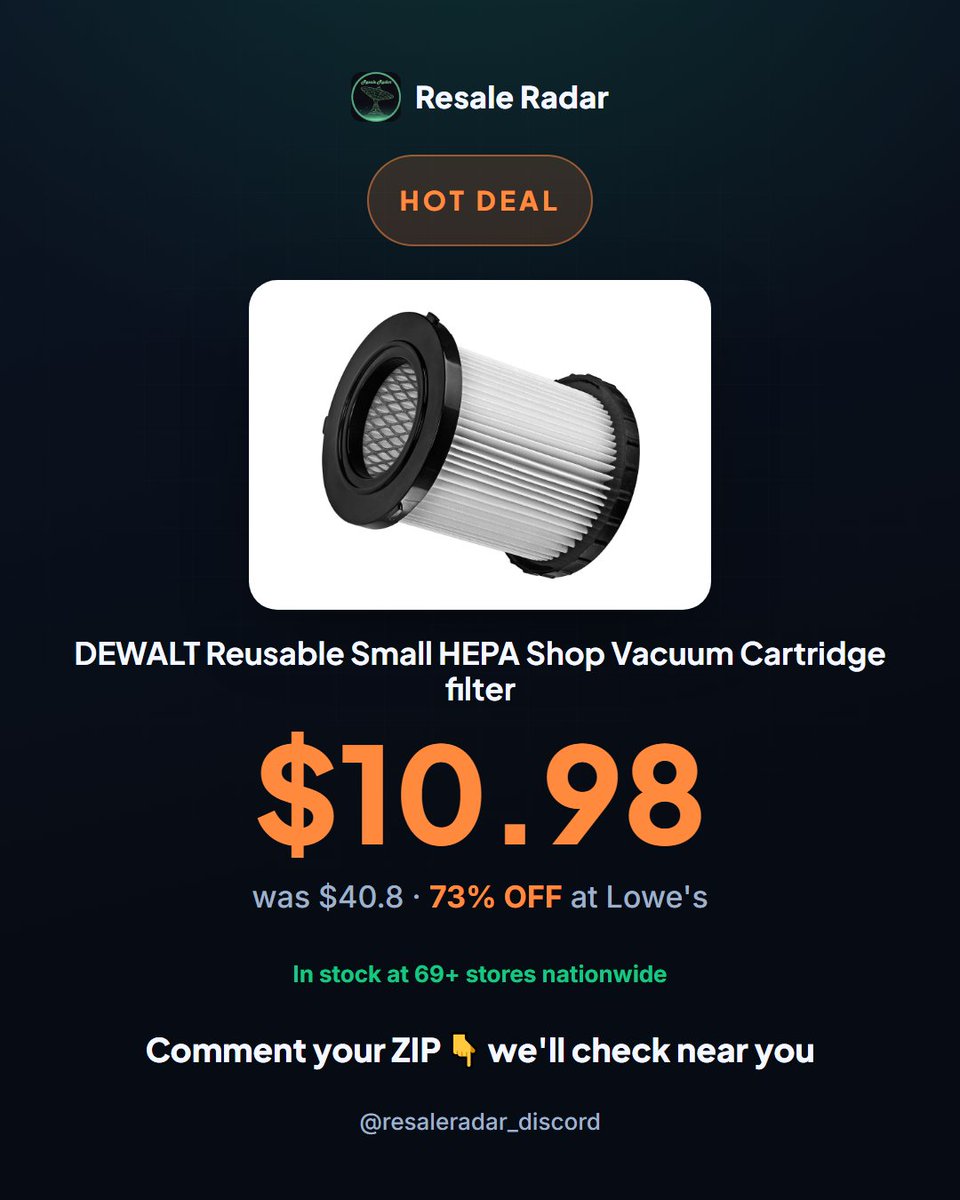 ResaleRadar8's tweet photo. $10.98 DEWALT HEPA filter at Lowe's (reg $40.80). 69+ stores stocked. Reseller play. Q4 contractor season starts now. #ResaleRadar #ClearanceHunt

Grab yours now. Link in bio. #clearance #deals https://t.co/qaUEUuEsTy