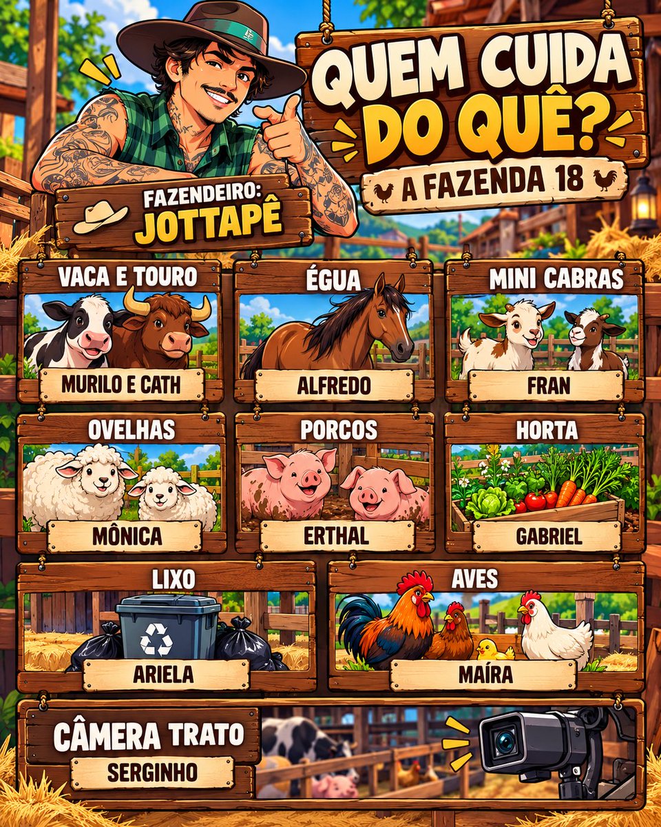 OrSchatz's tweet photo. Jottapê distribuiu as tarefas: agora cada peão tem seu trato… mas a bonita já começou a reclamar de fazer o lixo e não quer lavar a louça! 👀🌾😂 #AFazenda18 https://t.co/vyhrdweWKW