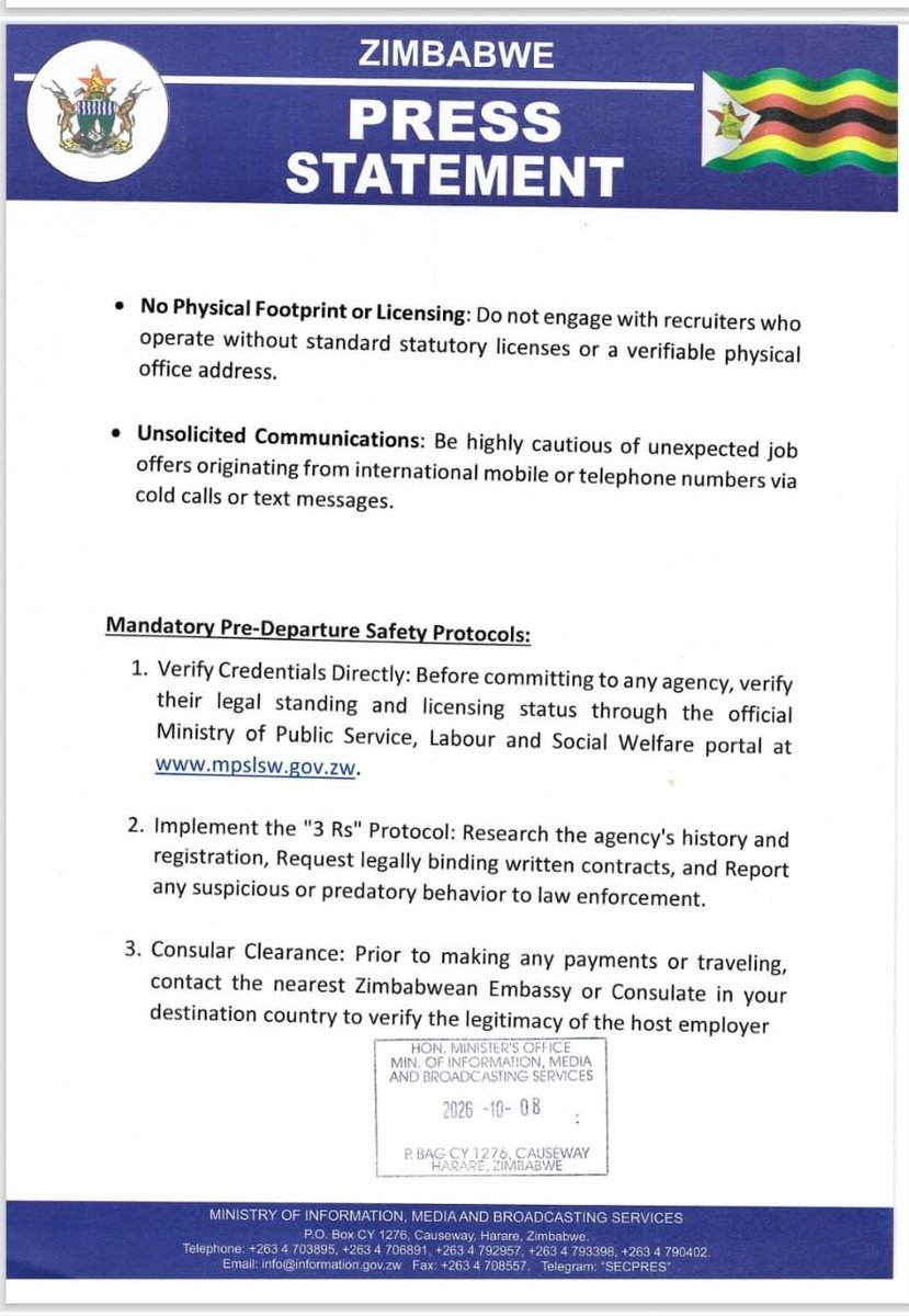 harare_post's tweet photo. Today, Government released a Statement on Safeguarding Zimbabwean Citizens from Deceptive Recruitment Practices and Human Trafficking.

Critical Red Flags of Fraudulent Recruiters:
• Upfront Fee Demands: Legitimate agencies do not demand substantial upfront fees or refuse to refund job seekers.
• Vague Terms and Forced Urgency: Avoid agents who provide vague job descriptions, maintain unverifiable employer contacts, or place undue pressure on you to depart the country immediately.
• Foreign Language Contracts: Never sign any contract written in a foreign language. Every document must be fully translated into an official language you understand, such as English, Shona, or Ndebele.
• Unrealistic Financial Promises: Treat offers that promise "instant wealth" or claim "no experience required" with absolute skepticism.
• No Physical Footprint or Licensing: Do not engage with recruiters who operate without standard statutory licenses or a verifiable physical office address.
• Unsolicited Communications: Be highly cautious of unexpected job offers originating from international mobile or telephone numbers via cold calls or text messages.
#HumanTrafficking
#Zimbabwe