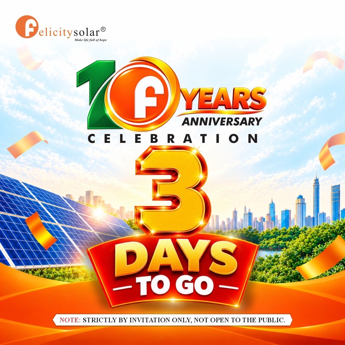 felicitynigltd's tweet photo. 3 DAYS TO GO!

The countdown is on!
Just 3 days left until we celebrate 10 incredible years of Felicity Solar

📅 11th October 2026
📍 Lagos Oriental Hotel, Grand Ballroom
⏰ 2PM – 6PM

#FelicitySolarNigeria #10YearsAnniversary https://t.co/KE1OPgD1Vm