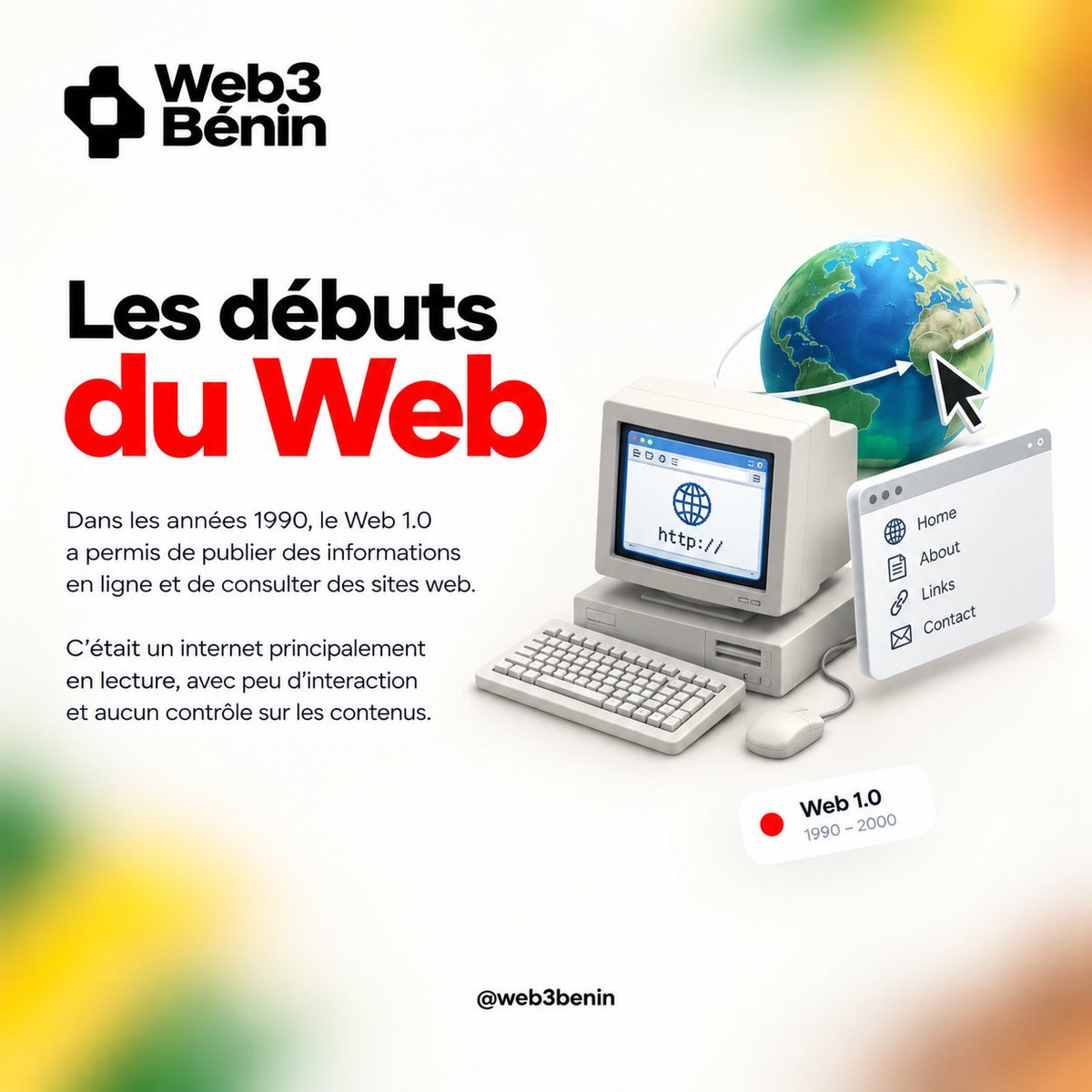 Web3Benin's tweet photo. Avant les réseaux sociaux, les applications et les plateformes que nous utilisons aujourd’hui, le Web était beaucoup plus simple.

Au début des années 1990, le Web permettait surtout de consulter des pages reliées entre elles par des liens hypertextes.

On publiait une information. Quelqu’un arrivait sur la page, il la lisait, puis passait à une autre. Il n'y avait pas de fil d’actualité, pas de likes, pas de notifications à longueur de journée.

Cette première période du Web est souvent appelée Web1.

Elle peut sembler très éloignée de notre Internet actuel, mais elle pose les premières bases de ce que nous utilisons encore aujourd’hui : des pages, des liens et une information accessible depuis Internet.

Pour comprendre pourquoi le Web3 propose aujourd’hui de nouvelles façons d’utiliser Internet, il faut aussi comprendre d’où nous venons.