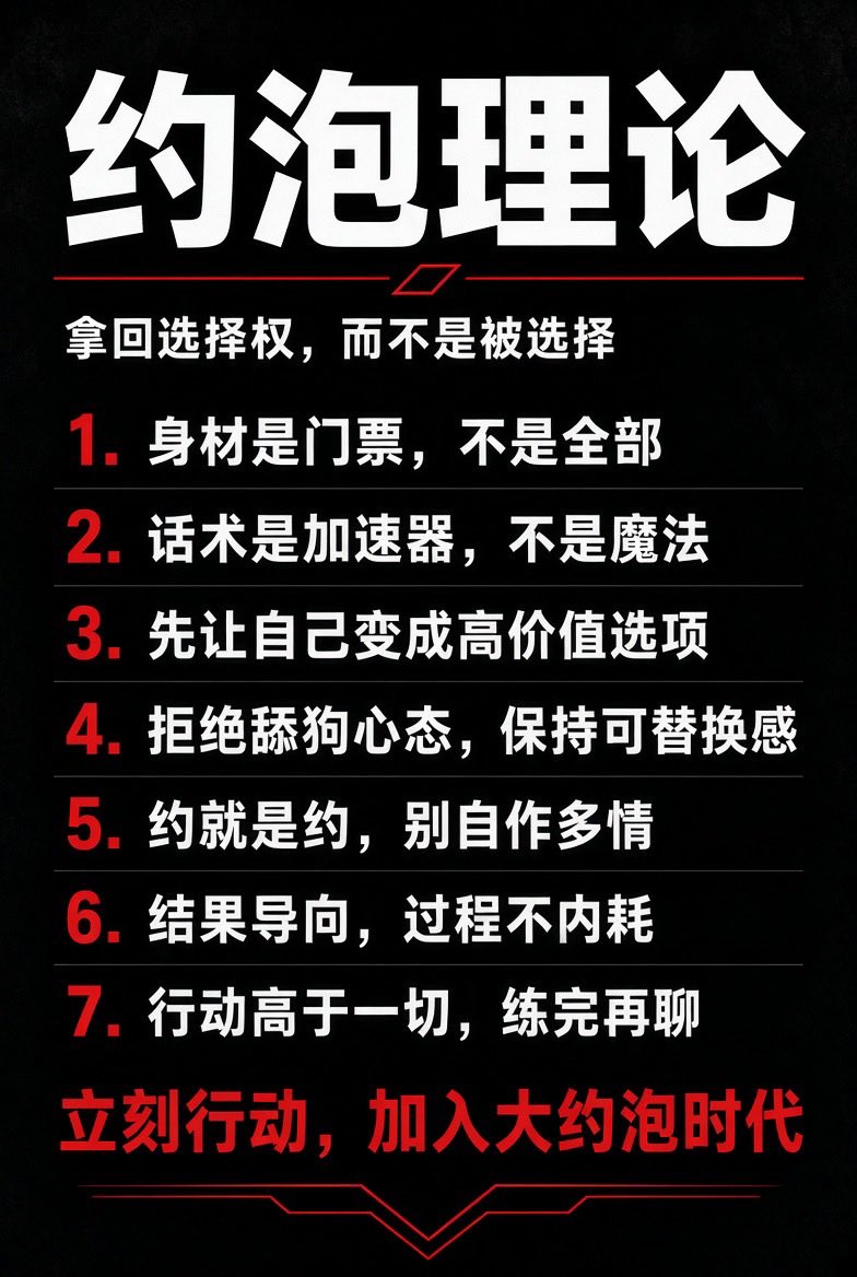 jiewu2200's tweet photo. 约泡理论，本质不是教你约谁，而是让你拿回选择权。很多男人拼命提高学历、收入、职位，却忽略了一件事：你拥有再高的社会价值，也不代表你拥有同等的异性吸引力。薄肌是外形资产，约泡是转化能力。前者让人注意你，后者让关系发生。这就是约泡理论。 https://t.co/NKAASJl7if