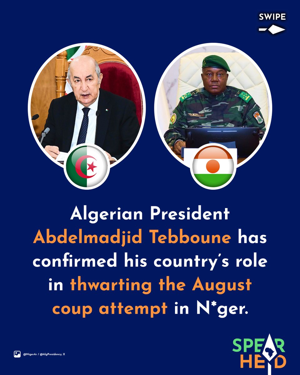 Spearhead_Af's tweet photo. Algeria Confirms Role In Thwarting August Coup Attempt In N*ger

Algerian President Abdelmadjid Tebboune has confirmed his country’s role in thwarting the August 28 - 29 coup attempt in N*ger. This confirmation, along with other notable moves, signals deepening ties between the two neighboring African countries, and the ever weakening influence of the West on both.

Along with its fellow Alliance of Sahel States (AES) members, Mali and Burkina Faso, N*ger continues to show Africa that true sovereignty is possible for the continent.

The once equally revolutionary Algeria appears to be slowly reading the room. 

When will the rest of Africa do the same?