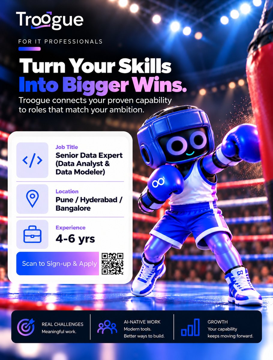 troogue's tweet photo. One of our enterprise partners is hiring: Senior Data Expert !
📍 Pune / Hyderabad / Bangalore | 💼 4-6 yrs

Scan the QR code or 

Sign up &amp; Apply here 👉 https://t.co/IKXpcD0nF5

#Hiring #DataAnalyst #ITJobs #Troogue https://t.co/FjI47V1GVP