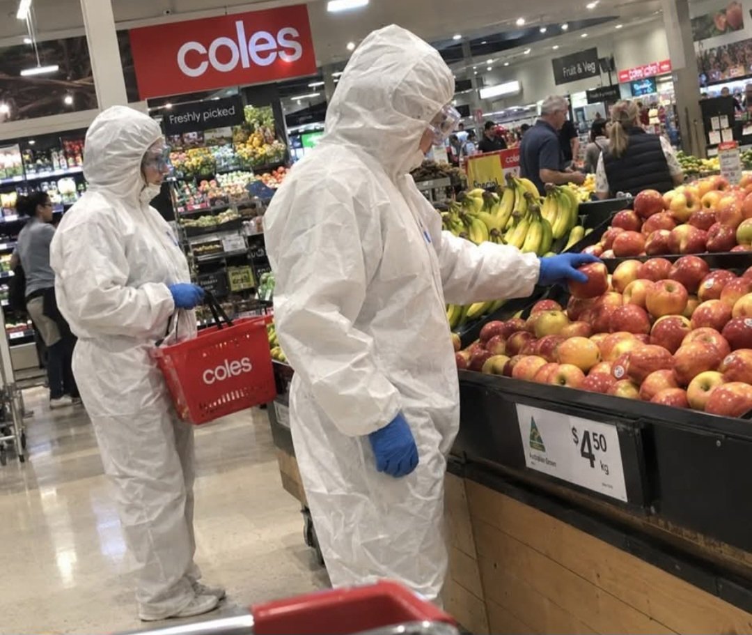 JimThom90458694's tweet photo. Shoppers have started wearing Hazmat suits to pick their fruit and veg following reports of chemical residues on produce sold at Woolworths, Aldi and Coles.

Pesticide Action Australia’s testing found residues above Australian agricultural limits, including one strawberry sample at 9.5 times the limit.

“I’m taking every precaution,” one shopper said, before heading outside for a vape.