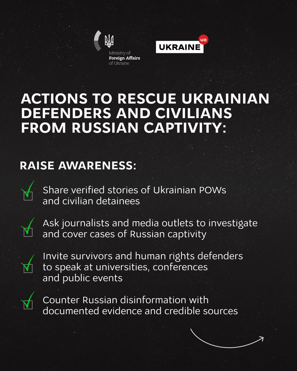 MFA_Ukraine's tweet photo. While thousands of Ukrainians are kept in darkness and silenced in Russian captivity, we must be their voice and shed light on the truth.

Every timely decision, every campaign, every post counts in exposing Russia’s state-run system of torture and violence.

Justice for Ukraine is also about protecting the international community. Effective accountability mechanisms must ensure that grave crimes have consequences. Impunity does not contain evil – it allows it to grow, spread and strike again.
