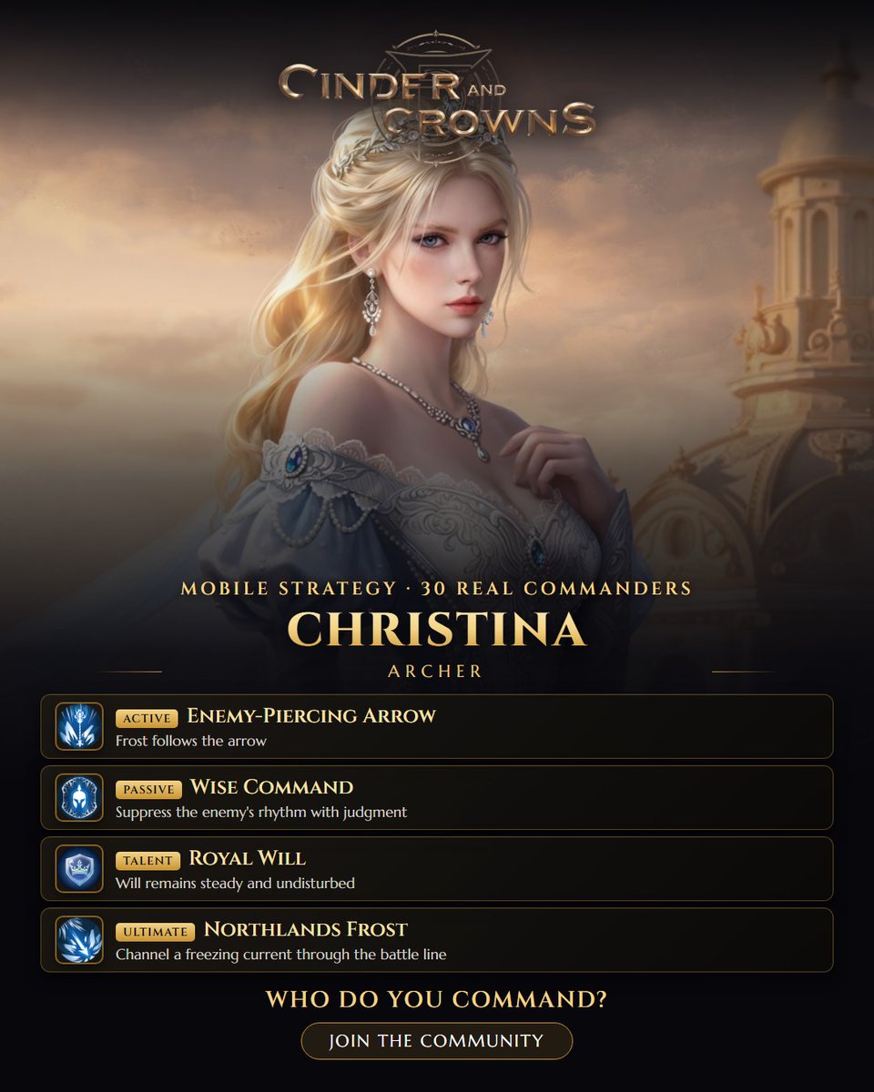 CinderNCrowns's tweet photo. Christina · Archer — Frost follows the arrow Join us 👉 https://t.co/ZelSeeevGs #CinderCrowns #StrategyGames https://t.co/5BsgBUHJNO