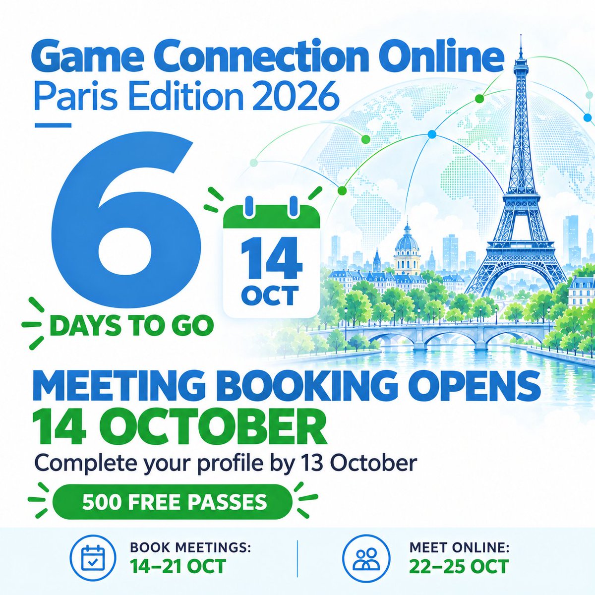 gameconnection's tweet photo. Game Connection Online Paris Edition 2026: meeting booking opens 14 Oct!

Complete your profile by 13 Oct.
Meet online: 22–25 Oct.

This edition offers 500 free passes. Apply:
https://t.co/jWubWZzue8
#GameConnection https://t.co/WtudgoOpDE
