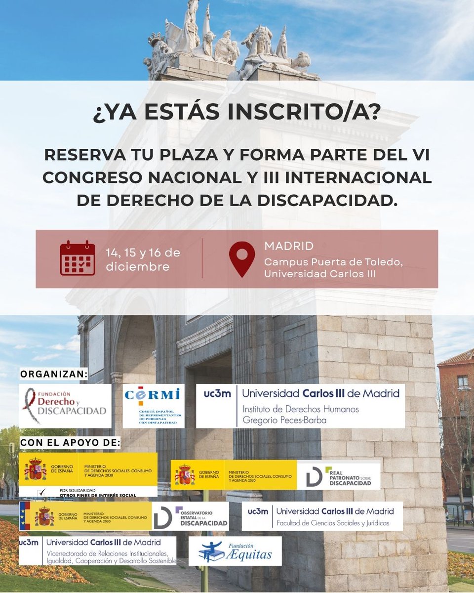 FundacionDerDis's tweet photo. ¿Ya estás inscrito/a?

El VI Congreso Nacional y III Internacional de Derecho de la Discapacidad se celebra el 14, 15 y 16 de diciembre en Madrid, Campus Puerta de Toledo · UC3M.

👉 Reserva tu plaza: 🔗 https://t.co/0ARa1zzqoQ

#DerDis #CongresoDerDis https://t.co/2UXeXuEt6E