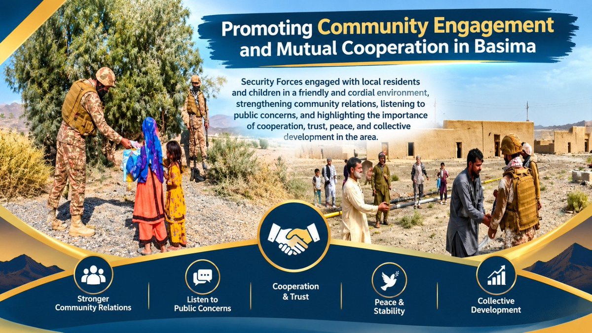 AsmatBaloch860's tweet photo. Community Engagement in Basima!
Security Forces interacted with local residents and children in Basima, listening to public concerns and promoting mutual trust, cooperation, peace, and community development.
#Basima #Balochistan #CommunityEngagement #Peace #MutualCooperation https://t.co/eOxrf0ufEd