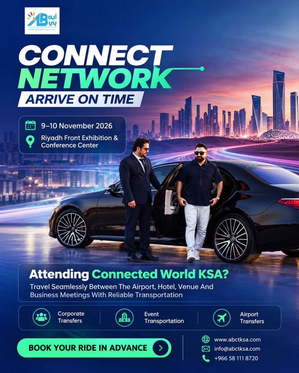 AB__Transport's tweet photo. Heading to Connected World KSA 2026 on 9β10 November at Riyadh Front Exhibition & Conference Center?
https://t.co/v8s8JPv0Xi
#ABCTKSA #ConnectedWorldKSA #RiyadhEvents #BusinessTravel #CorporateTransfers #Riyadh #SaudiArabia https://t.co/82rBMtmHDg