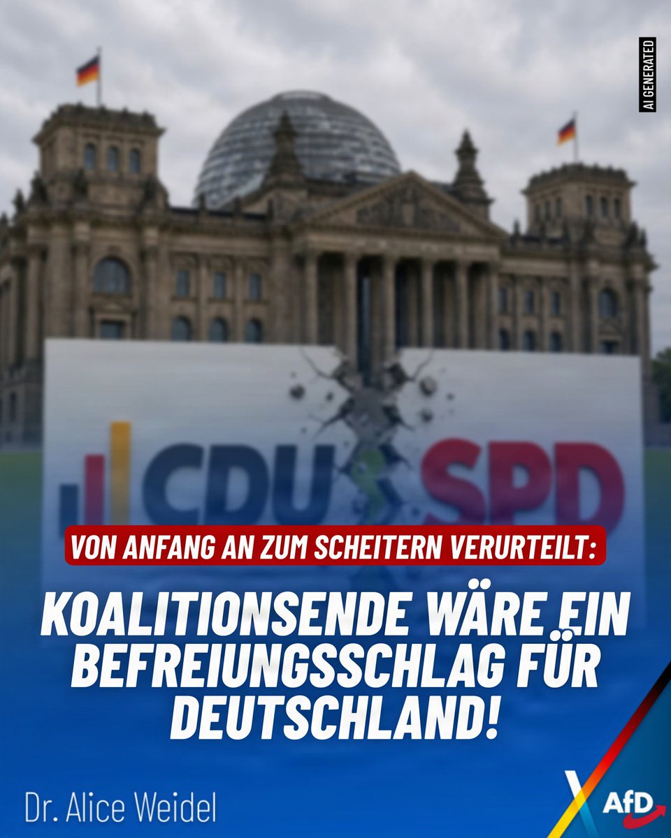 Alice_Weidel's tweet photo. Koalitionsgipfel: Keine "wichtigen Beschlüsse". Zerstritten, blockiert, reformunfähig - Schwarz-rot war von Anfang an zum Scheitern verurteilt. Es geht nur noch um Machterhalt &amp; Ministersessel. Das Koalitionsende wäre ein Befreiungsschlag für unser Land! https://t.co/DRD63VOOzl https://t.co/ag3cTpzXRv