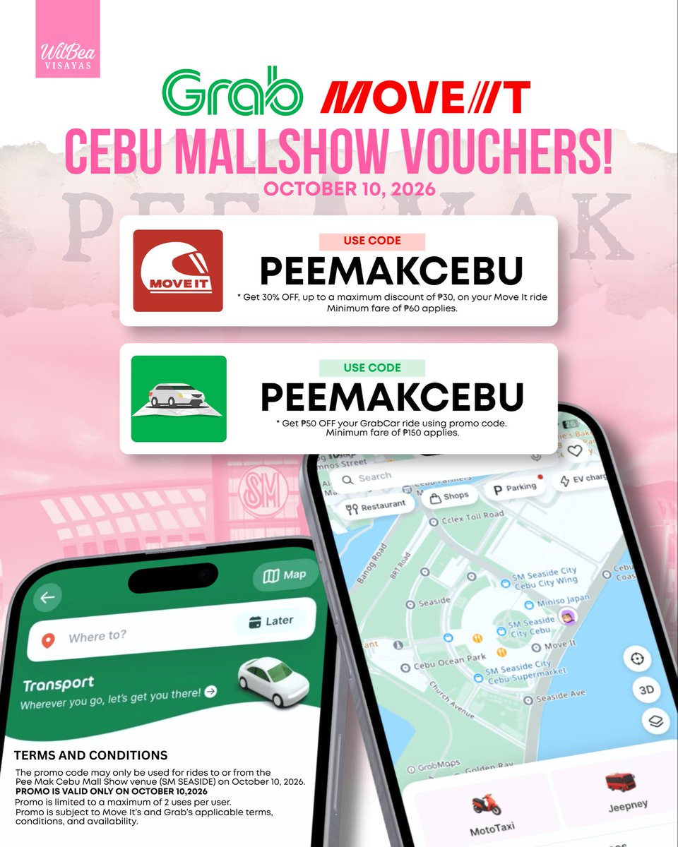 wilbea_visayas's tweet photo. BEEP BEEP, your ride to Pee Mak just got cheaper! 👻

Heading to the #PeeMakPH mall show at SM Seaside this October 10? GrabCar gets you ₱50 OFF, while Move It gets you 30% OFF up to ₱30 when you use code PEEMAKCEBU. Valid for rides to or from the venue, so no excuses—make your way to SM Seaside and scream your loudest cheers for PeeMak!

Promo is valid only on October 10. Broom broom, skrrt skrrt 🚗🛵!