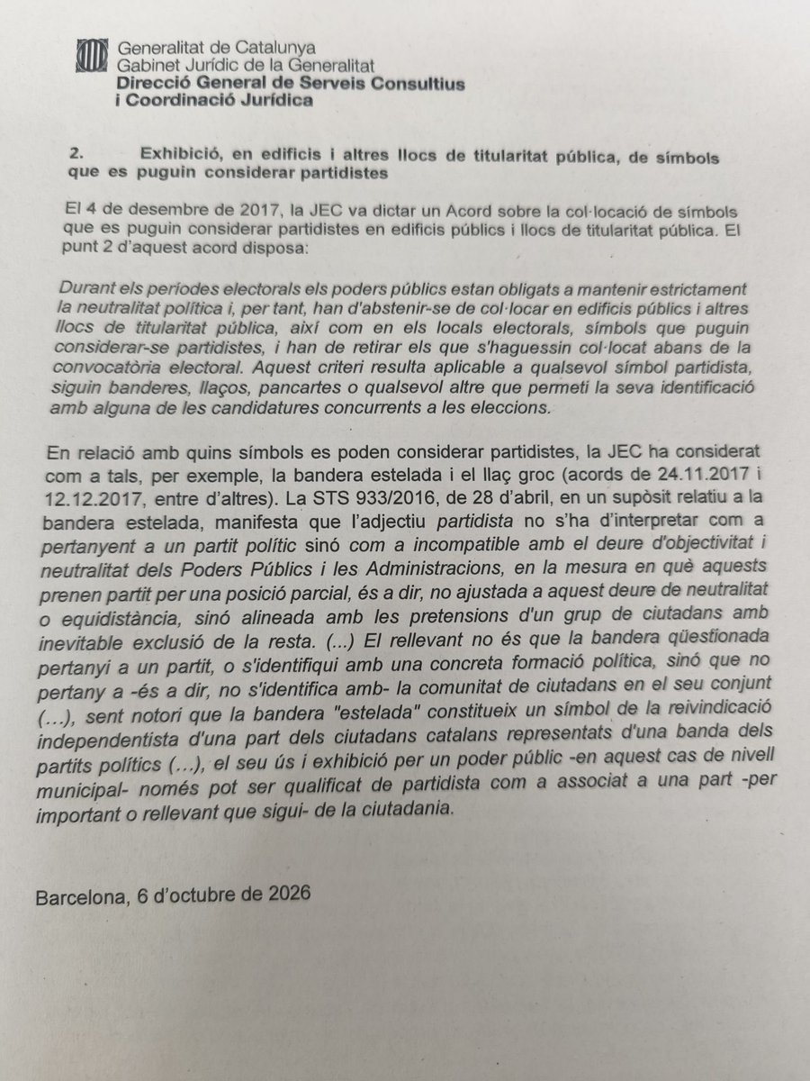 larrabassadabcn's tweet photo. EXCLUSIVA ARRABASSADA🚨

Aquesta carta ha arribat a diversos organismes públics de la Generalitat ⬇️

Es prohibeixen símbols “partidistes” en campanya. Els símbols en qüestió: l’estelada i el llaç groc. Amb la rojigualda no tenen problema.

Puta Espanya. Ara i sempre. https://t.co/nFkICwtnvq