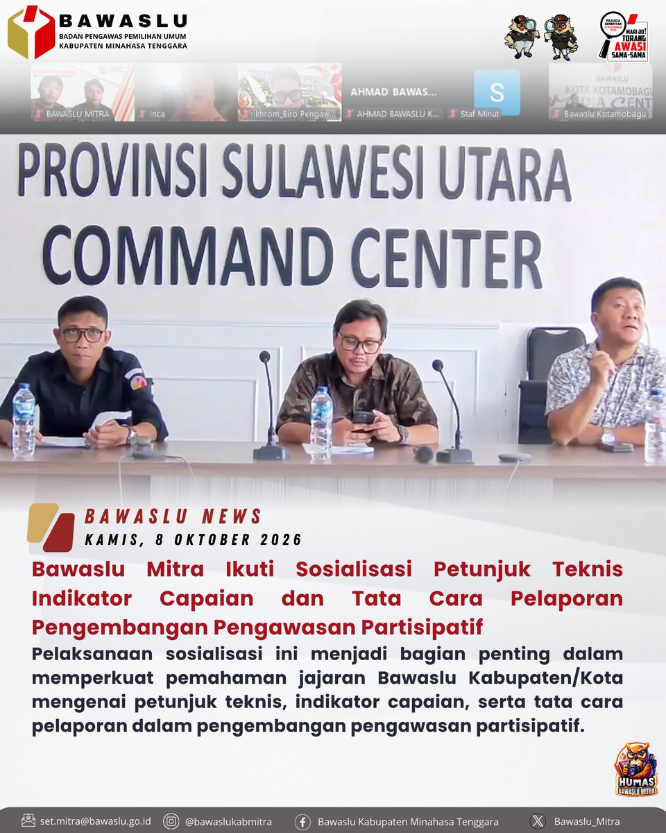 Bawaslu_mitra's tweet photo. Bawaslu Mitra mengikuti kegiatan “Sosialisasi Petunjuk Teknis Indikator Capaian dan Tata Cara Pelaporan Pengembangan Pengawasan Partisipatif” yang diselenggarakan oleh Bawaslu Prov Sulut.

Selengkapanya : https://t.co/Rk9giaJNXS https://t.co/ePjQg12Tee