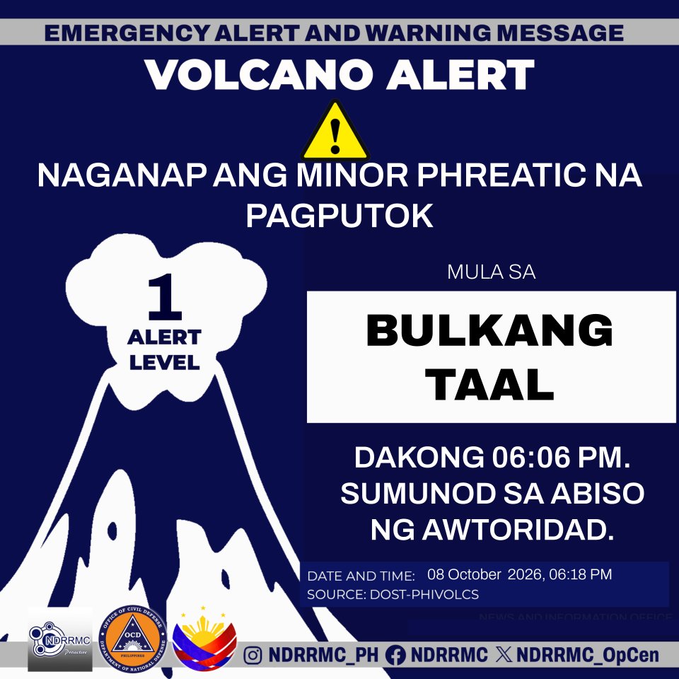 NDRRMC_OpCen's tweet photo. Maging alerto, lalawigan ng #Batangas!

NDRRMC(6:18 PM, 8 Oct. 2026) Naganap ang minor phreatic na pagputok sa Bulkang Taal dakong 6:06 PM. Sumunod sa abiso ng awtoridad.

#NDRRMC
#BawatSegundoMahalaga
#TaalVolcano https://t.co/V4OS4KS5lA
