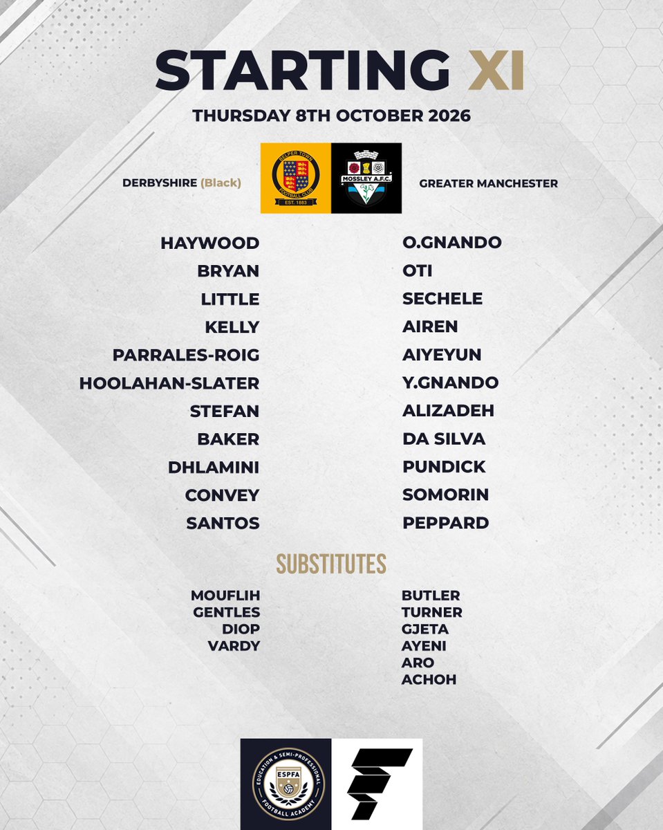 ESPFAcademy's tweet photo. #MatchweekThree | Teamsheets
ESPFA Derbyshire (@BelperTownFC Black) v ESPFA Greater Manchester (@MossleyAFC) https://t.co/bTefoZ1PYd