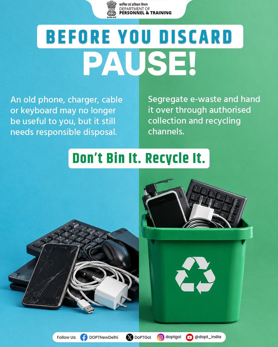 DoPTGoI's tweet photo. With growing use of electronic devices, proper disposal of discarded phones, chargers, cables and other equipment becomes essential. As part of #SpecialCampaign6, @doptgoi encourages segregating e-waste and channelising it through authorised collection and recycling channels, ensuring responsible handling of discarded electronics and reducing their impact on the environment.  

#EwasteManagement #WasteSegregation #SwachhataHiSeva #SwachhBharat