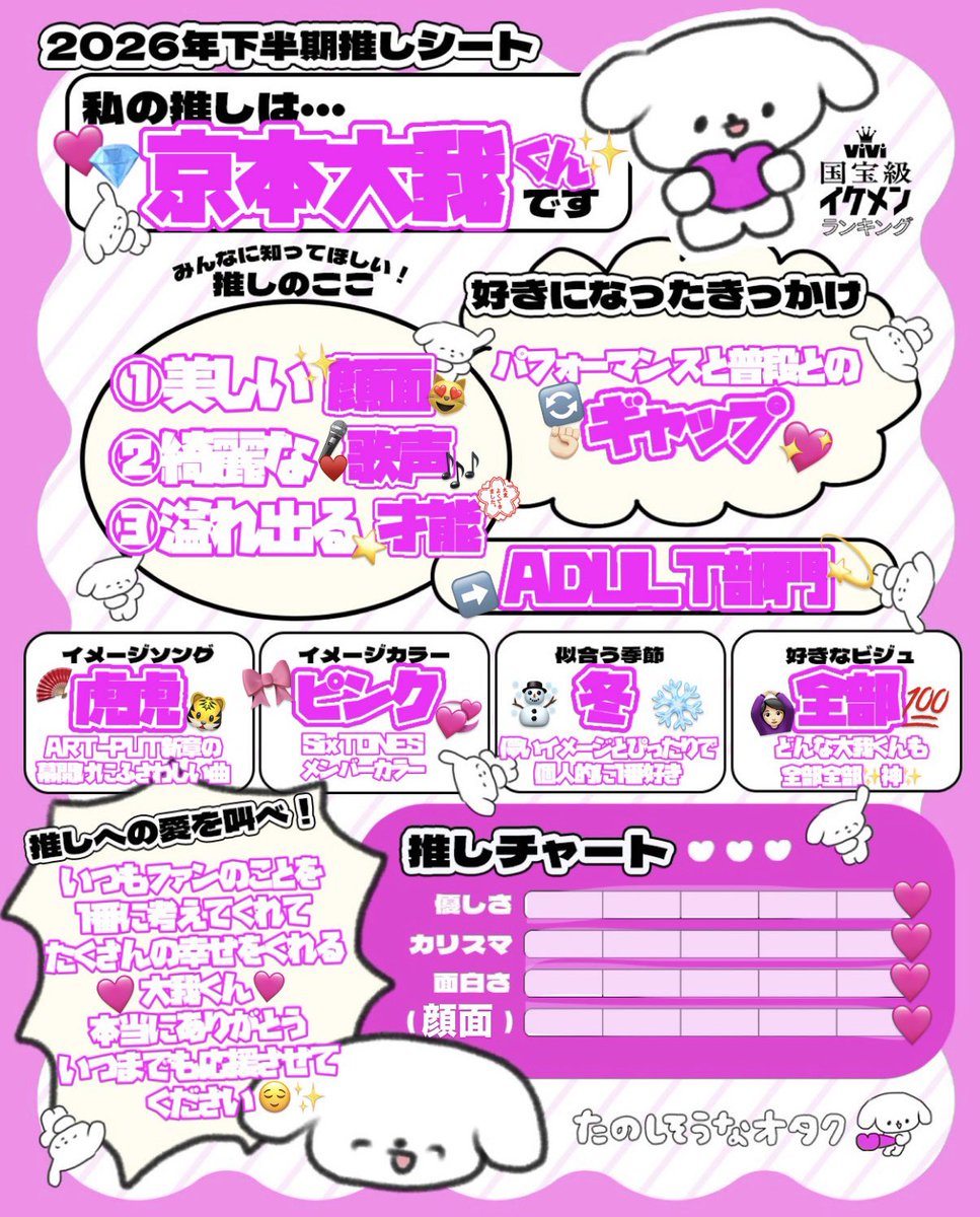 kyomomero123_'s tweet photo. 推しシートやってみました💞

#ViVi国宝級イケメンランキング
────── ••♥•• ──────
                   ADULT部門
                 #京本大我 くん
────── ••♥•• ──────

🔗 https://t.co/rp1fUyQLR8 https://t.co/HTzoUqwl0m