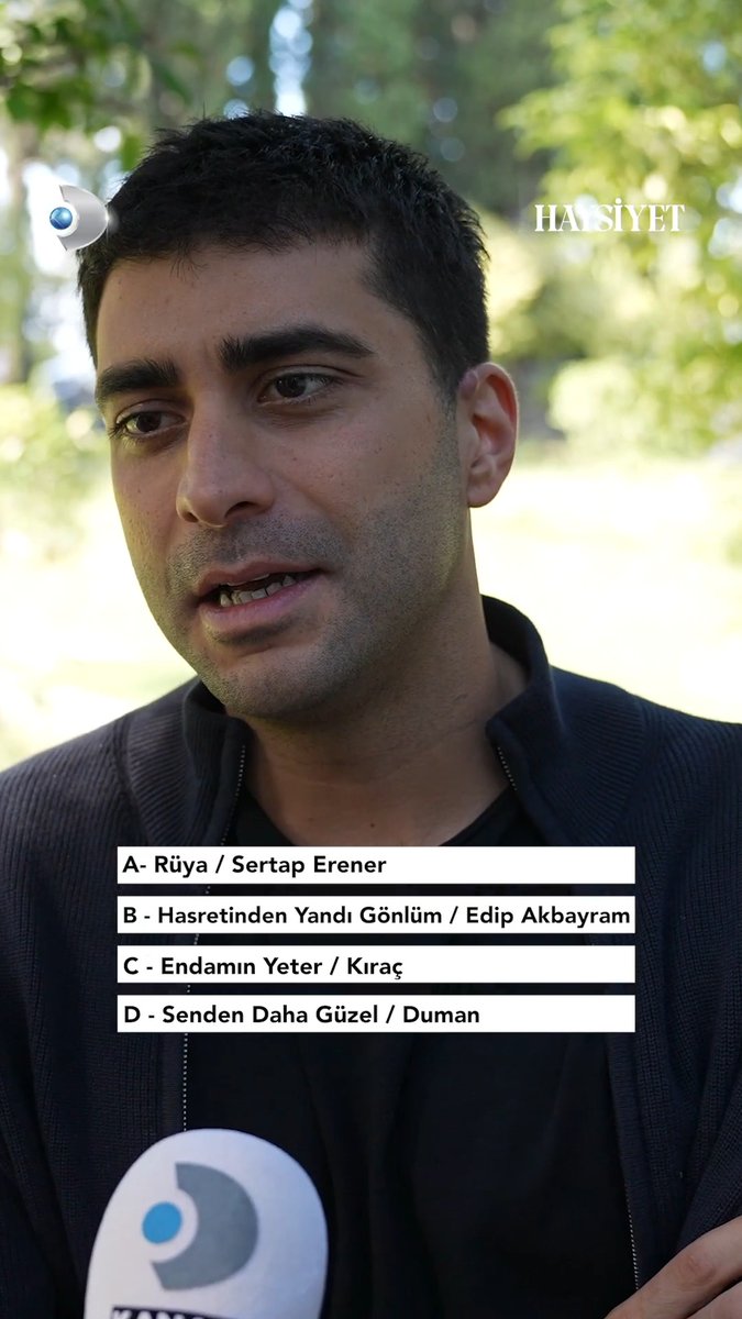 A man with short dark hair being interviewed by the Turkish outlet 'Hafsiyet,' with a poll showing song choices: A) Rüya / Sertap Erener, B) Hasretinden Yandı Gönlüm / Edip Akbayram, C) Endamın Yeter / Kıraç, and D) Senden Daha Güzel / Duman.