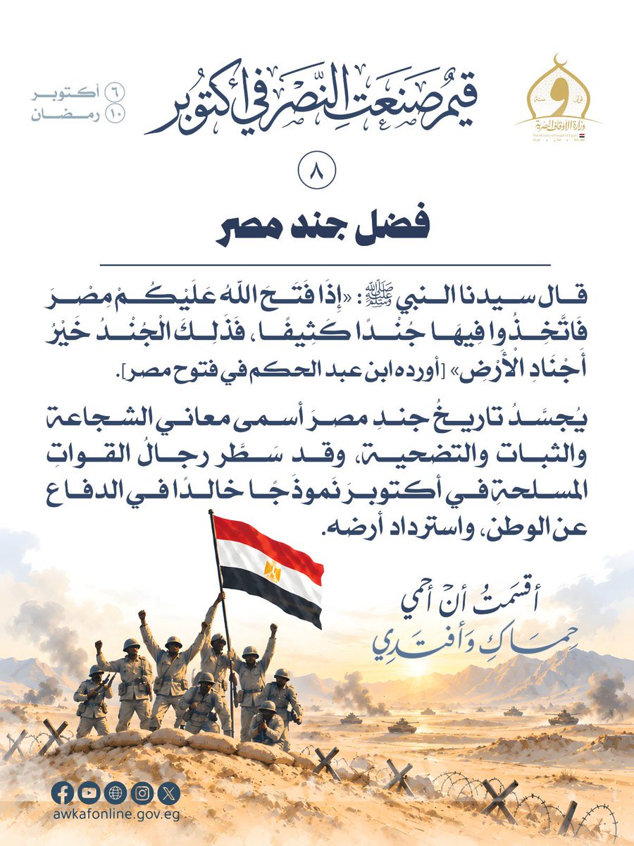 egyptAwkaf's tweet photo. 🇪🇬 قيم صنعت النصر في أكتوبر 🇪🇬
في الذكرى الـ٥٣ لنصر أكتوبر ١٩٧٣، نستعرض يوميًّا قيمةً من القيم التي جسَّدها أبناء الوطن، وأسهمت في صناعة النصر وصون الوعي واسترداد الأرض.
#قيم_صنعت_النصر_في_أكتوبر
#ذكرى_نصر_أكتوبر_١٩٧٣
#الذكرى_الـ٥٣
#وزارة_الأوقاف https://t.co/77w13A6dUV