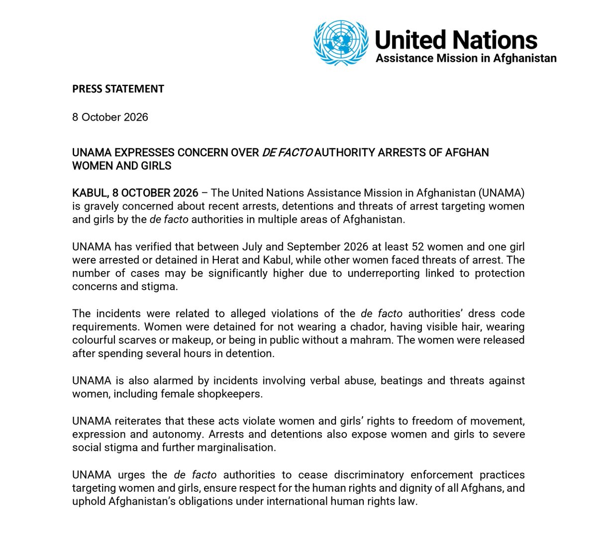 UNAMAnews's tweet photo. UNAMA expresses concern over #Afghanistan de facto authority arrests of women and girls.
Statement: https://t.co/L7DKrJlGtL https://t.co/i9aLMEdaiP