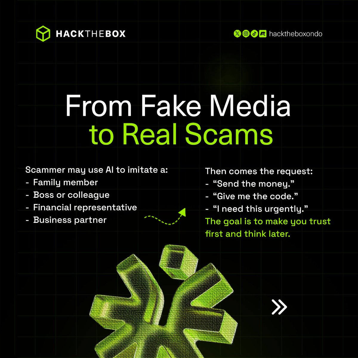 hacktheboxondo's tweet photo. What if the voice on the other end isn't really them? 👀📱
AI can now be used to create convincing voice and video scams that make it seem like someone you know is asking for money.
How do these scams work, and how can you protect yourself?
👇🏾 Swipe through to find out.
#NCSAM26 https://t.co/FaYeNJtJQo