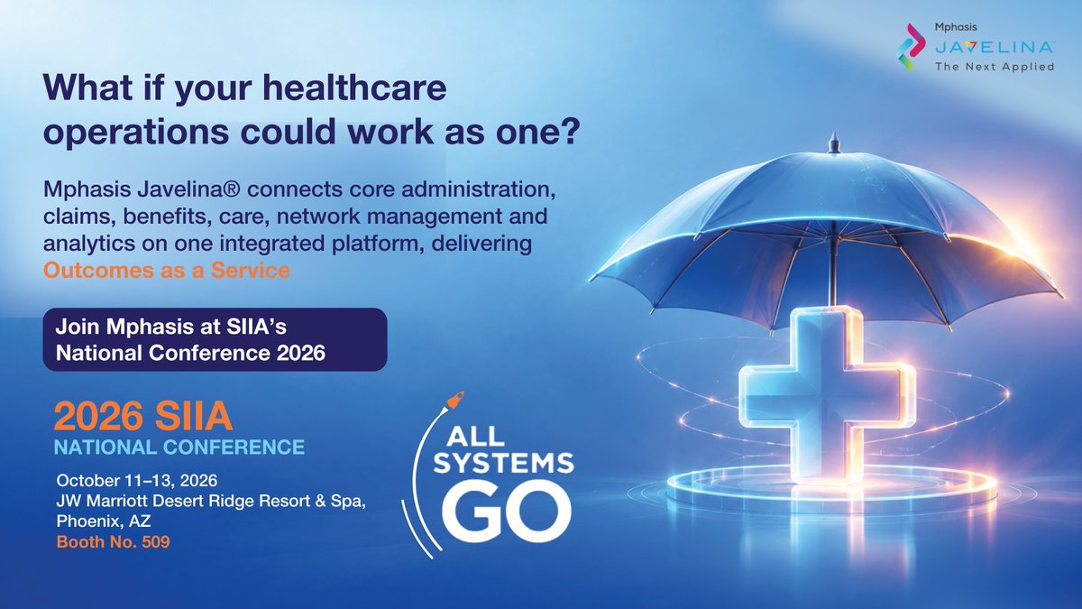 Mphasis's tweet photo. Healthcare payers and TPAs need more than modern technology, they need connected operations.

Mphasis Javelina® is a cloud-enabled, modular and API-first payer platform designed to support the full payer lifecycle on a single integrated platform.

From core administration, claims and benefits to care, network management and analytics, Javelina® connects the healthcare ecosystem while embedded AI-driven automation and insights support intelligent claims processing, payment integrity, utilization management and predictive analytics.

Mphasis will exhibit at SIIA's National Conference 2026, to show how Mphasis Javelina® delivers Outcomes as a Service, combining intelligent core administration, AI-powered operations and digital experiences to help TPAs modernize, scale and achieve measurable results.

Explore the platform and discover what's possible: https://t.co/3M5DGTgha6

#SIIA #SIIANationalConference #StayAhead #EngineeringIsInOurDNA #IntelligentEngineering #AIWithoutIntelligenceIsArtificial