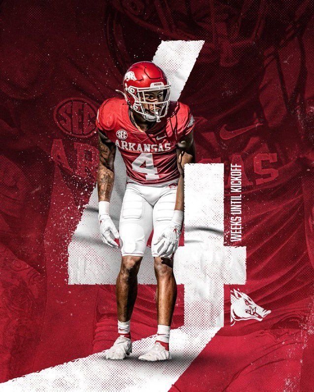KAYSONGRAPHIC's tweet photo. The countdown is officially down to just 4 weeks until kickoff! The energy is building up and the gridiron is calling. Are you ready? ⏳🏈  
  ⁠#CountdownToKickoff #CollegeFootball #Hogs #WooPig #FootballIsBack⁠ https://t.co/LFTmg40Xap