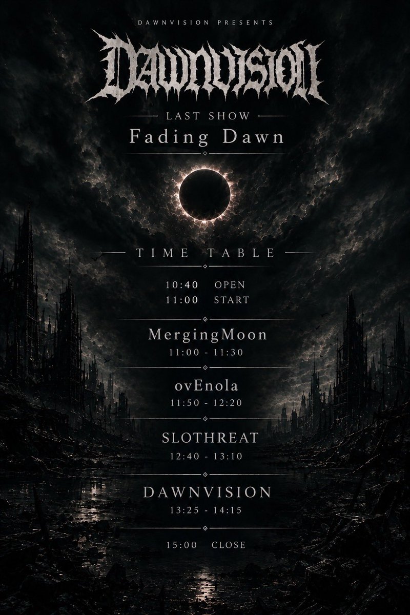 antiknock1985's tweet photo. ⛓️🚪👿最果ての深淵...👿🚪⛓️

2026.10/10(土)-DAYTIME-
DAWNVISION presents
【Fading Dawn】

-ACT-
DAWNVISION
MergingMoon
ovEnola
SLOTHREAT 

⏰OPEN10:40/START11:00
🎫ADV¥3400/DOOR¥3900
📲ﾁｹｯﾄ購入▶︎...https://t.co/I1f9248y7c
🙆‍♀️ﾊﾞﾝﾄﾞ取り置き予約🙆‍♀️
🍻入場時1D¥600 https://t.co/hhWvNBjB9n